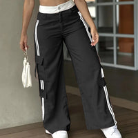 Women's Striped Straight Leg Pants Button Zip With Pocket Casual Trousers For Spring And Fall