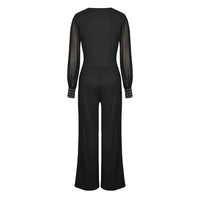Women's Elegant V Neck Mesh Long Sleeve Loose Wide Leg Romper Party Jumpsuits With Rivet Cuffs