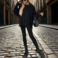 Women's Solid Color 2-Piece Set Casual Tracksuit, Long Sleeve Crewneck Sweatshirt With Side Slits & Slim Fit Jogger Pants