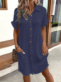 Summer Simplicity V-neck Buttons Cotton Linen Women's Shirt Dress