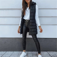 Women's Solid Color Sleeveless Hooded Vest, Mid-Length Zip-Front Waistcoat With Pockets For Spring And Fall Layering