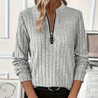 Women's Elegant Half-Zip Knit Sweater Round Neck Long Sleeve Pullover For Solid Color Casual Wear