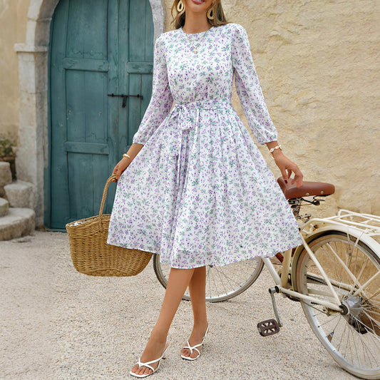 Women’s Polka Dot Long Sleeve Maxi Dress – European & American Vacation Style Casual Dress