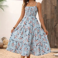 Womens Summer Floral Midi Dress Smocked Spaghetti Strap Sleeveless Tiered Casual Flowy Dresses