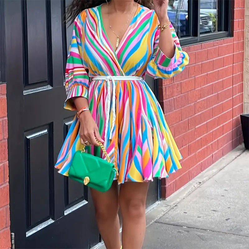 Women's V-Neck Rainbow Stripe Short Dress Three Quarters Sleeve Casual Summer Sundress With Tie Waist