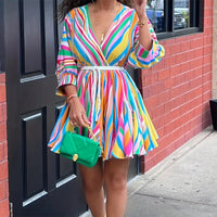 Women's V-Neck Rainbow Stripe Short Dress Three Quarters Sleeve Casual Summer Sundress With Tie Waist