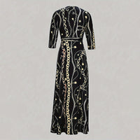 Women's Summer Geometric Print Maxi Dresses Casual 3 4 Sleeve V-Neck Tie Waist Long Dress