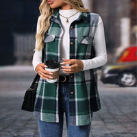 Women's Plaid Print Vest With Lapel Collar Long Sleeveless Button Front Mid-Length Jacket For Spring And Fall Layering