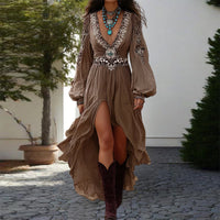 Boho Patchwork V-Neck Maxi Dress – Puff Sleeves & Asymmetric Hem