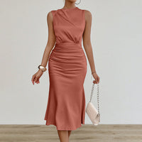 Women's Summer Sleeveless Tank Dress Crew Neck Slim Fit Ruched Bodycon Dress Casual Party Club Dress