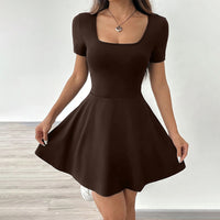Women's Square Neck Short Sleeve Ruffle Hem A Line Flare Mini Basic Dress