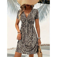 Women's Vibrant Leopard Print Twist Front V Neck Casual Summer Short Sleeve Bodycon Mini Dresses