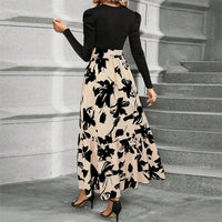 Women's Round Neck Long Sleeve Dress, Patchwork Print & Pleated Maxi Dress With Waist Bow For Spring & Fall