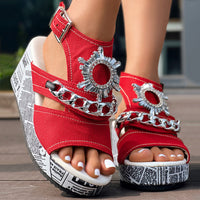 Newspaper Buckle Denim Wedge Slides - Anklet Not Included