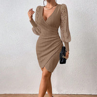 Women's Sexy Lace Bodycon Dress, Long Sleeve V Neck Ruched Wrap Mini Dress For Cocktail Party Club Night