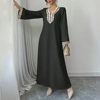 Women's Middle Eastern Embroidered Maxi Dress - Round Neck Long Sleeve Flowy Kaftan With Exquisite Embroidery, Loose Fit