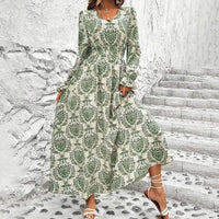 Women's V-Neck Floral Print Long Sleeve Maxi Dress - A-Line Hem With Lace Cuff Details, Elegant Bodycon Dress For Spring&Summer