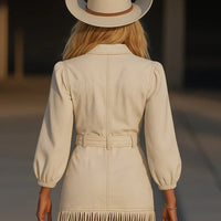 Women's Solid Color V-Neck Puff Long Sleeves & Fringe, Button Pocket Detail Casual Dress For Spring Summer