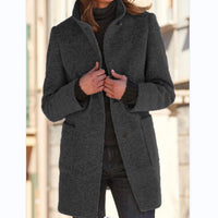 Women’s Woolen Stand Collar Coat – Fall Winter Casual Button Outwear with Pockets