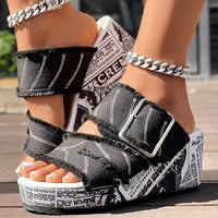 Newspaper Hem Platform Wedge Slides - Anklet Not Included
