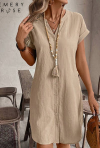 Solid Notched Button Front Batwing Sleeve Shirt Dress