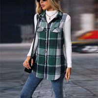 Women's Plaid Print Vest With Lapel Collar Long Sleeveless Button Front Mid-Length Jacket For Spring And Fall Layering