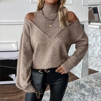 Women's Elegant Off-Shoulder Turtleneck Sweater, Solid Color Long Sleeve Knit Top For Autumn & Winter