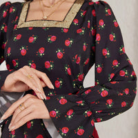 Women's Elegant Floral Print Square Neck Dress With Puff Sleeves & Cinched Waist, Summer Bohemian Dress