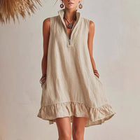 New Stylish Casual Loose Half-Zip Sleeveless Dress With Ruffle Hem