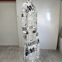 Women's Long Sleeve Newspaper Print Shirt Dress Button Down Casual Long Dress