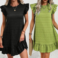 Womens Plus Size Round Neck Solid Dress Falbala Sleeveless Ruffled Summer Dress With Pleated Detail