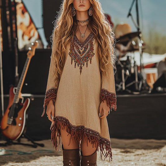 Women's V-Neck Retro Print Long Sleeve With Fringe Detail & Asymmetrical Hem Boho Chic Spring&Summer Dress
