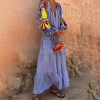 Women's Stripe Maxi Dress, V Neck Puff Long Sleeve With Tiered Ruffle Hem Swing Dress