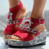 Newspaper Buckle Denim Wedge Slides - Anklet Not Included