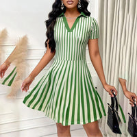 Women's Polo Dress Elegant Striped V Neck Short Sleeve A Line Dresses