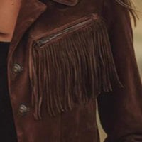 Women's Solid Color Fringe Suede-Look Jacket, Western Style Long Sleeve Button Front Coat For Fall & Winter