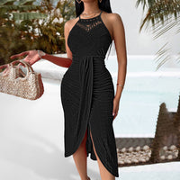 Women's Sexy Halter Neck Ruched Bodycon Midi Dresses Elegant Sleeveless Cocktail Party Dress