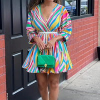 Women's V-Neck Rainbow Stripe Short Dress Three Quarters Sleeve Casual Summer Sundress With Tie Waist