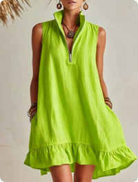 New Stylish Casual Loose Half-Zip Sleeveless Dress With Ruffle Hem
