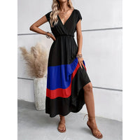 Women's Color Block Maxi Dresses V Neck Sleeveless Tiered Casual Dresses Loose Sundress