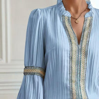 Boho Chic Colorblock Top – Patchwork V-Neck Blouse with Lantern Sleeves