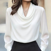 Women's Elegant Draped Neck Blouse, Solid Color Ruffle Detail Long Sleeve Shirt For Office And Formal Wear