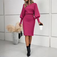 Women's Solid Color Round Neck Lantern Sleeve Bodycon Dress - Elastic Waist Knee-Length Knit Dress