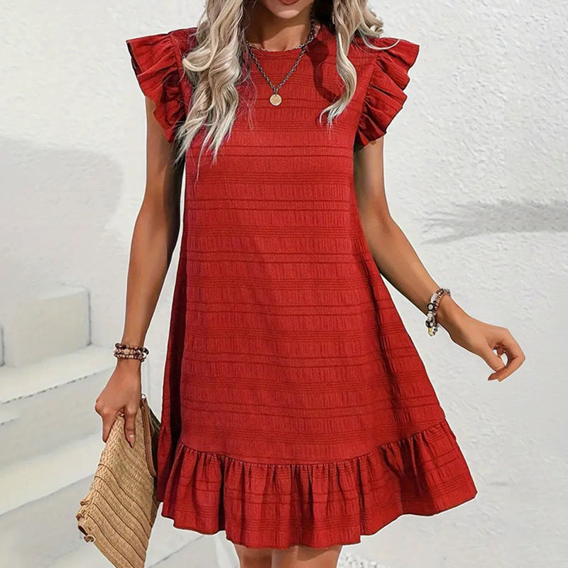 Womens Plus Size Round Neck Solid Dress Falbala Sleeveless Ruffled Summer Dress With Pleated Detail