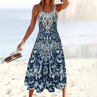 Women’s Sleeveless Boho Maxi Sundress – Loose Flowing Casual Beach Midi-to-Maxi Dress