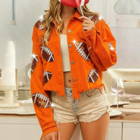 Women's Cropped Corduroy Jacket, Football Game Day Short Jacket With Button Front And Raw Hem For Fall Outfits