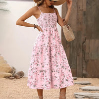 Womens Summer Floral Midi Dress Smocked Spaghetti Strap Sleeveless Tiered Casual Flowy Dresses