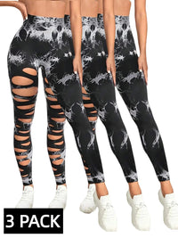 3 PACK Butt Hollow Out Tummy Control Sports Leggings Tie Dye Running Pants -