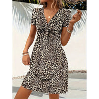 Women's Vibrant Leopard Print Twist Front V Neck Casual Summer Short Sleeve Bodycon Mini Dresses