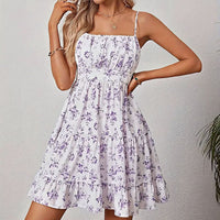 Womens Summer Floral Print Smocked Mini Dress Sleeveless Spaghetti Strap Slim Fit Flowy Dresses